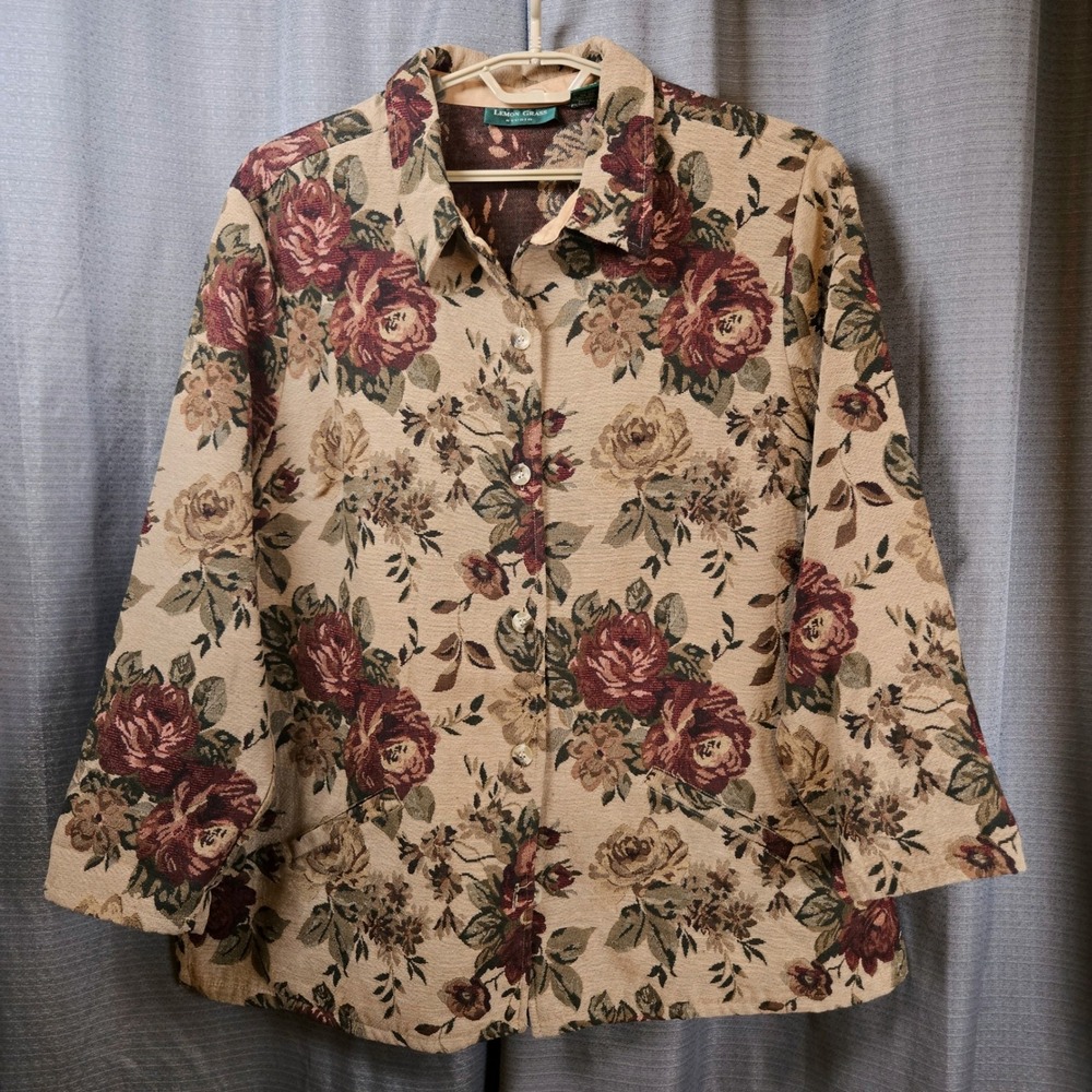 Vtg Lemon Grass Studio Women 20 Floral Tapestry Button Front Jacket Cottagecore